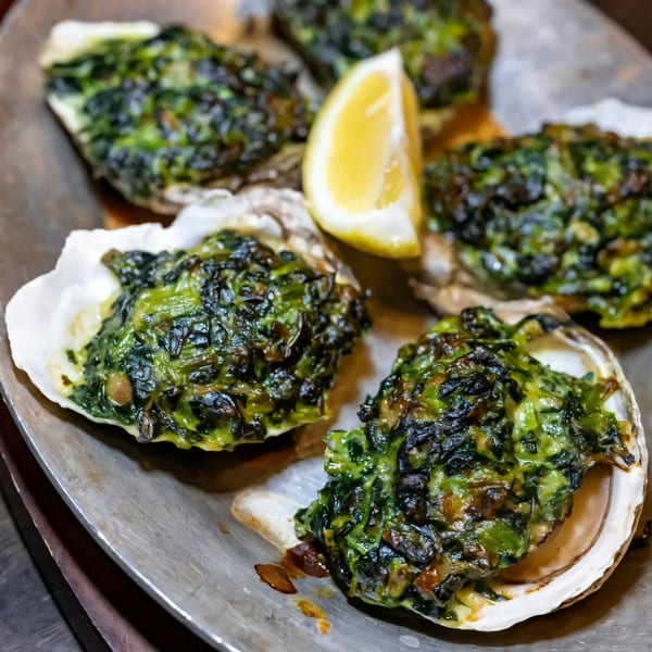 Baked oysters topped with green herbs and a lemon wedge on a metal platter.