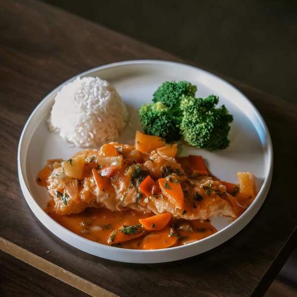 Paul's Fusion Kitchen sweet and sour fish with rice and broccoli on a white plate.